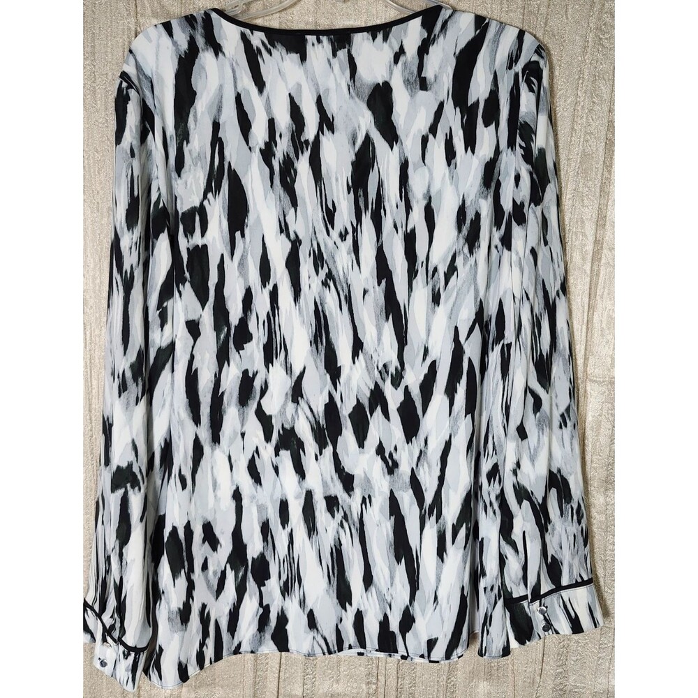 Calvin Klein Blouse Womens XL Black White Gray Long Sleeve V Neck Zip Abstract - Picture 4 of 6